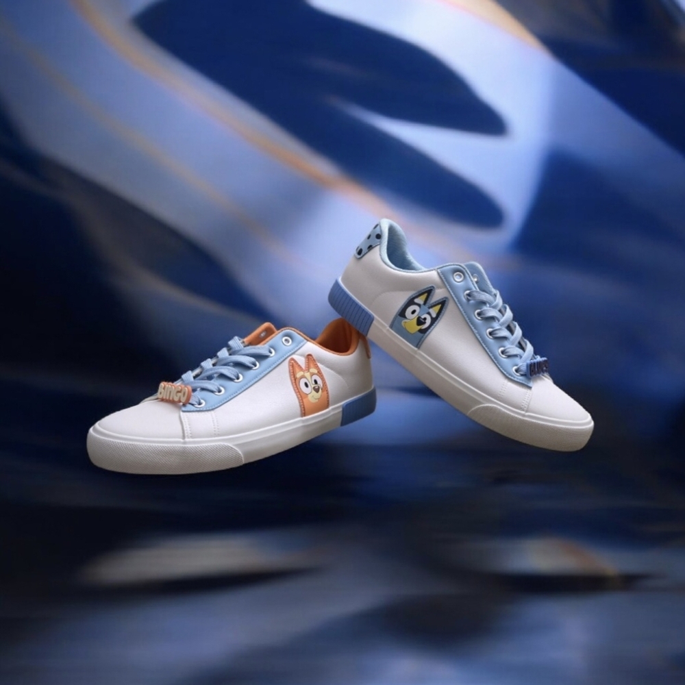 Women's Bluey and Bingo Court Sneakers in Blue/ Orange and White, Size. 11 NWT!